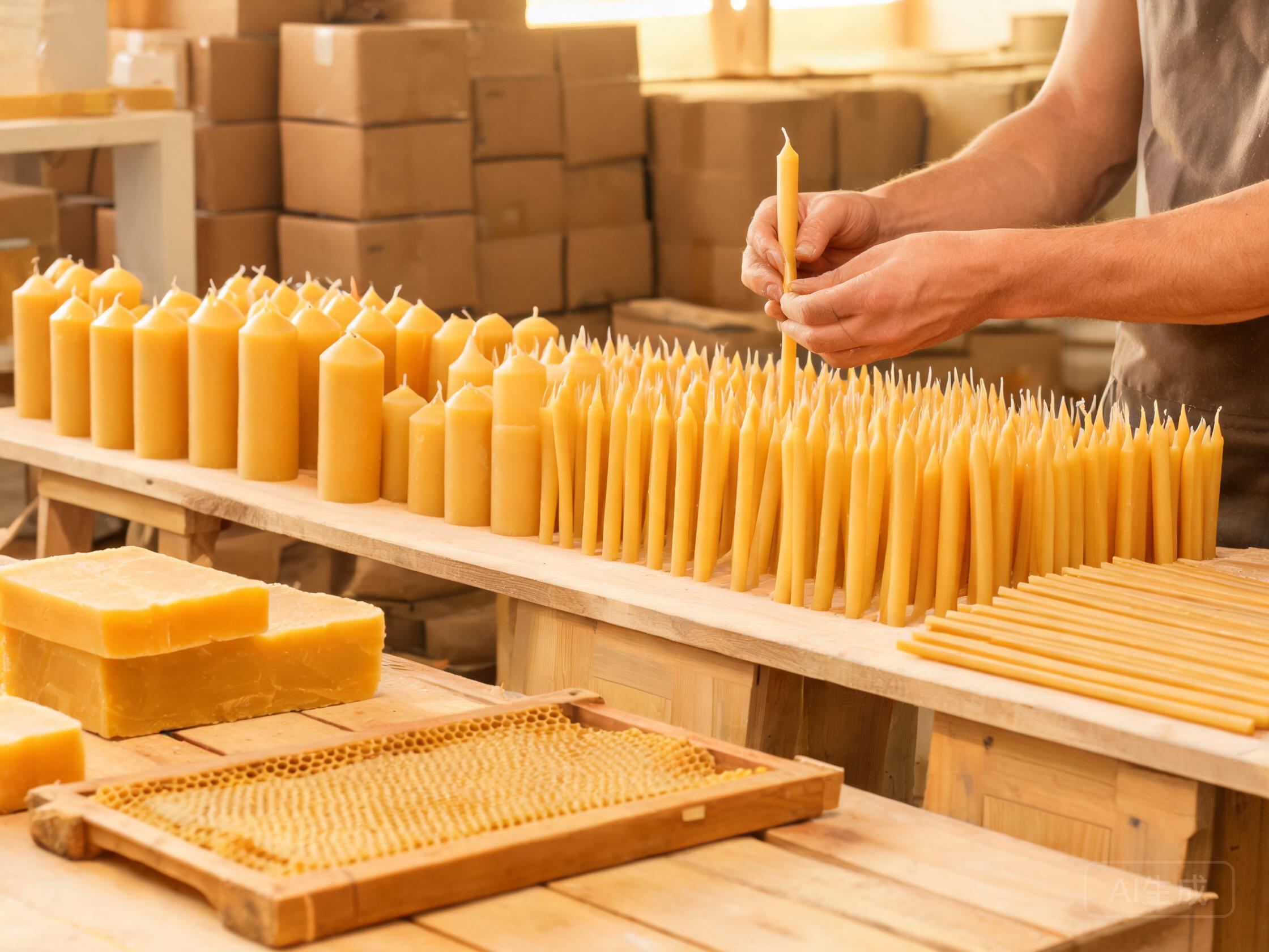 Golden Leaf beeswax candle manufacturer workshop — pure beeswax pillar candles and hand-dipped tapers crafted from natural honeycomb wax for global B2B wholesale and OEM private label
