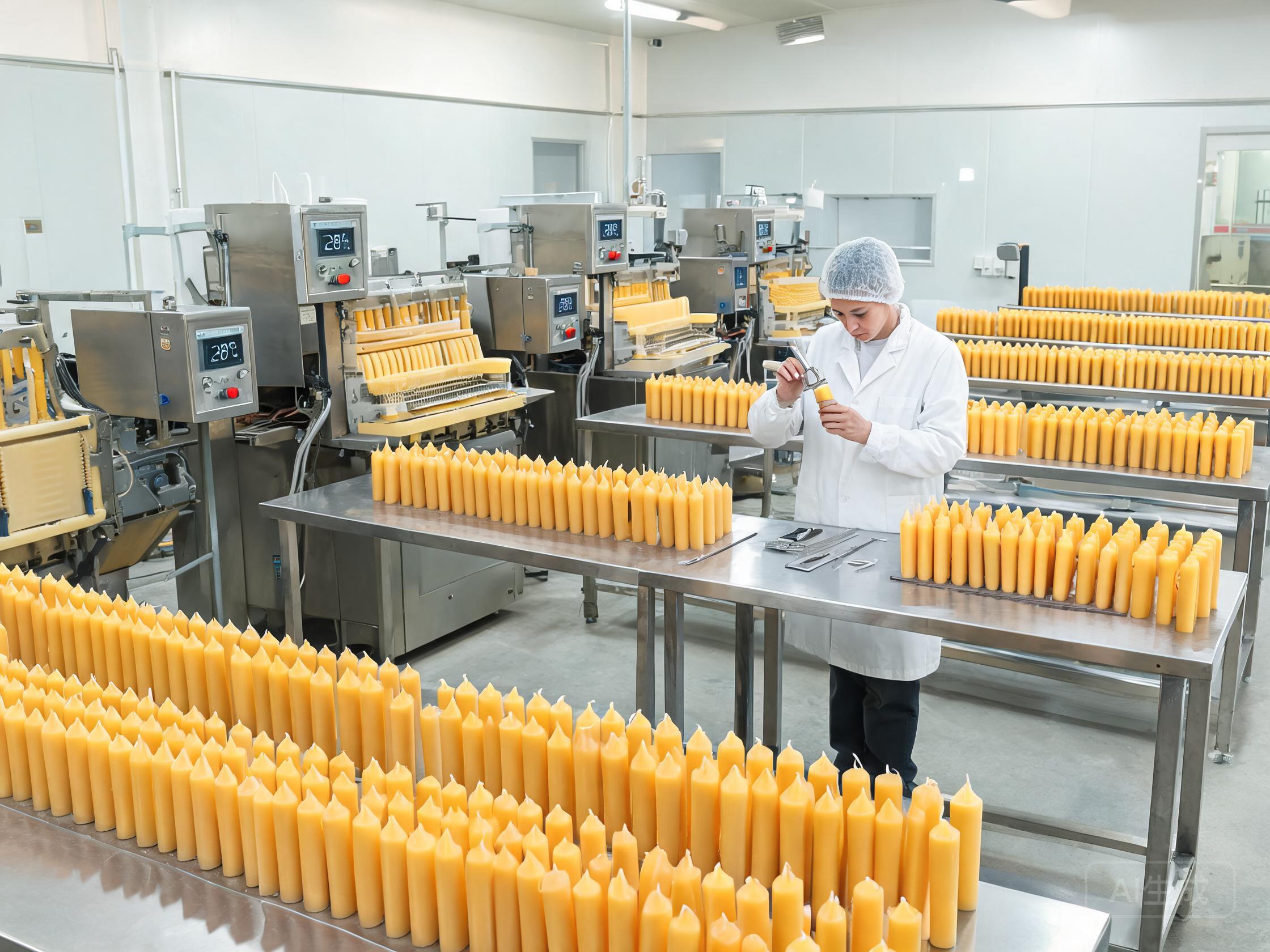 Golden Leaf beeswax candle OEM manufacturing facility with temperature-controlled molding and quality-assurance stations for batch-consistent B2B production