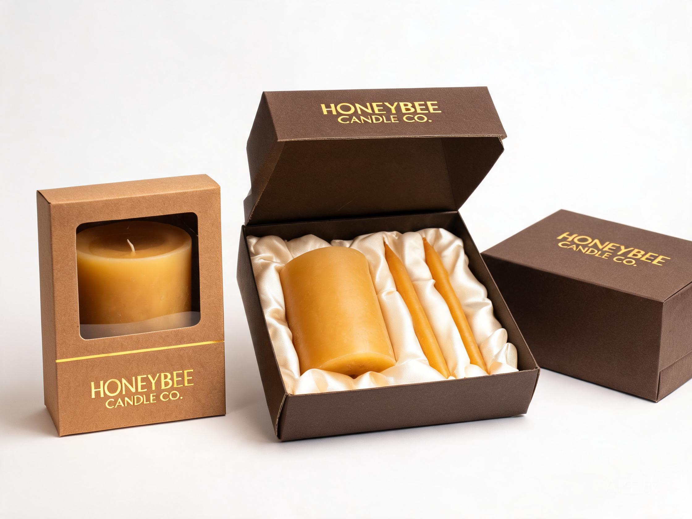 Golden Leaf turnkey private label beeswax candle gift packaging with custom gold-foil logo stamping, kraft window boxes and satin insert linings for OEM B2B brands