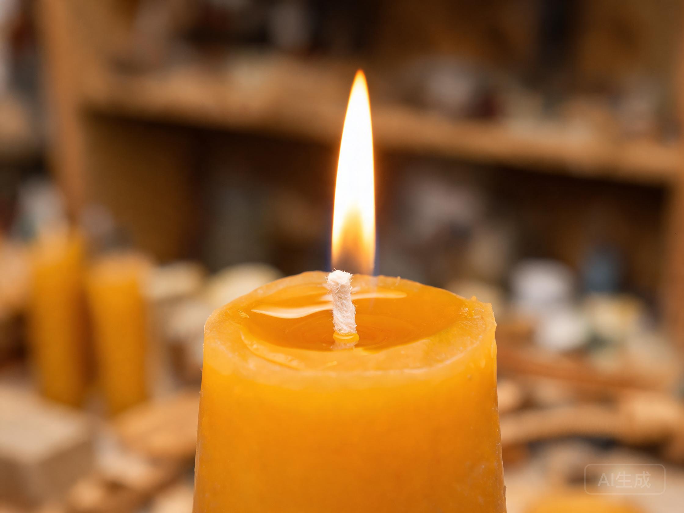 Pure beeswax candle with lead-free organic cotton wick burning smokeless and dripless with a clean golden flame — Golden Leaf precision wick calibration
