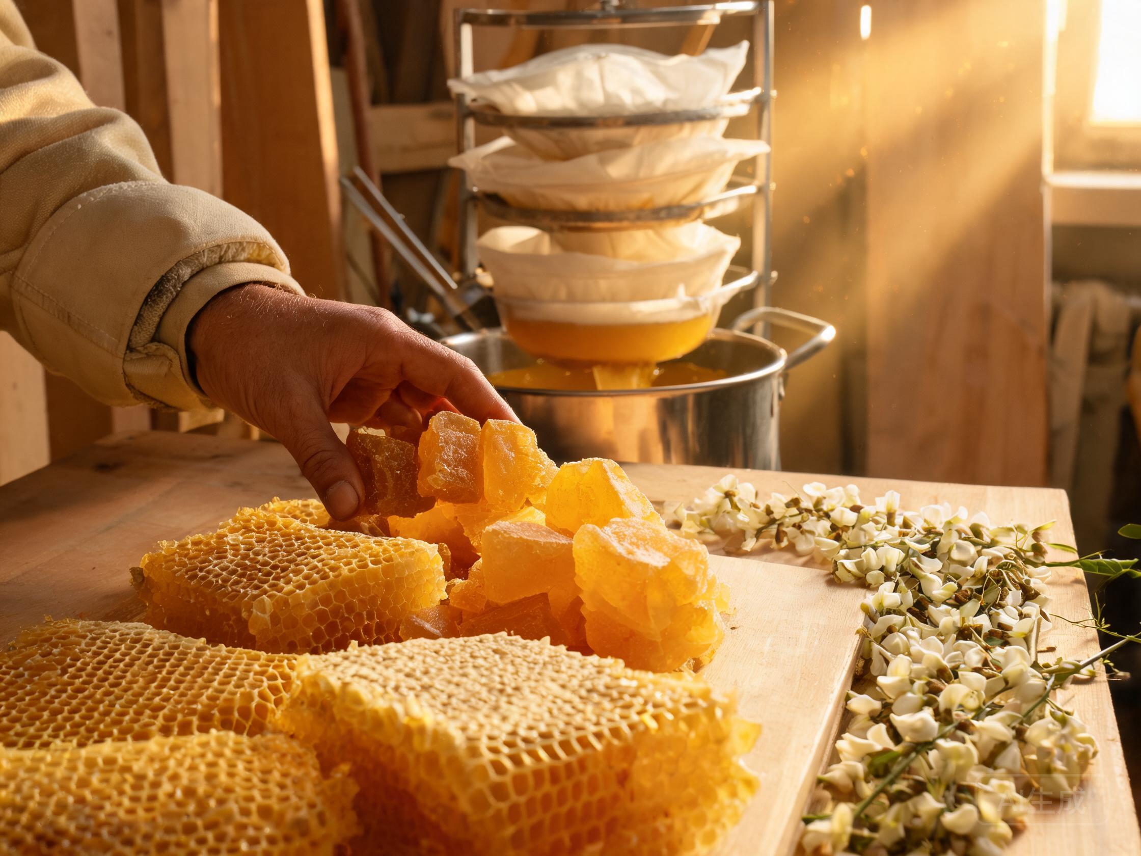 Golden Leaf pure beeswax sourcing — fresh honeycomb cappings and natural raw wax refined through multi-layer physical filtration for chemical-free B2B supply