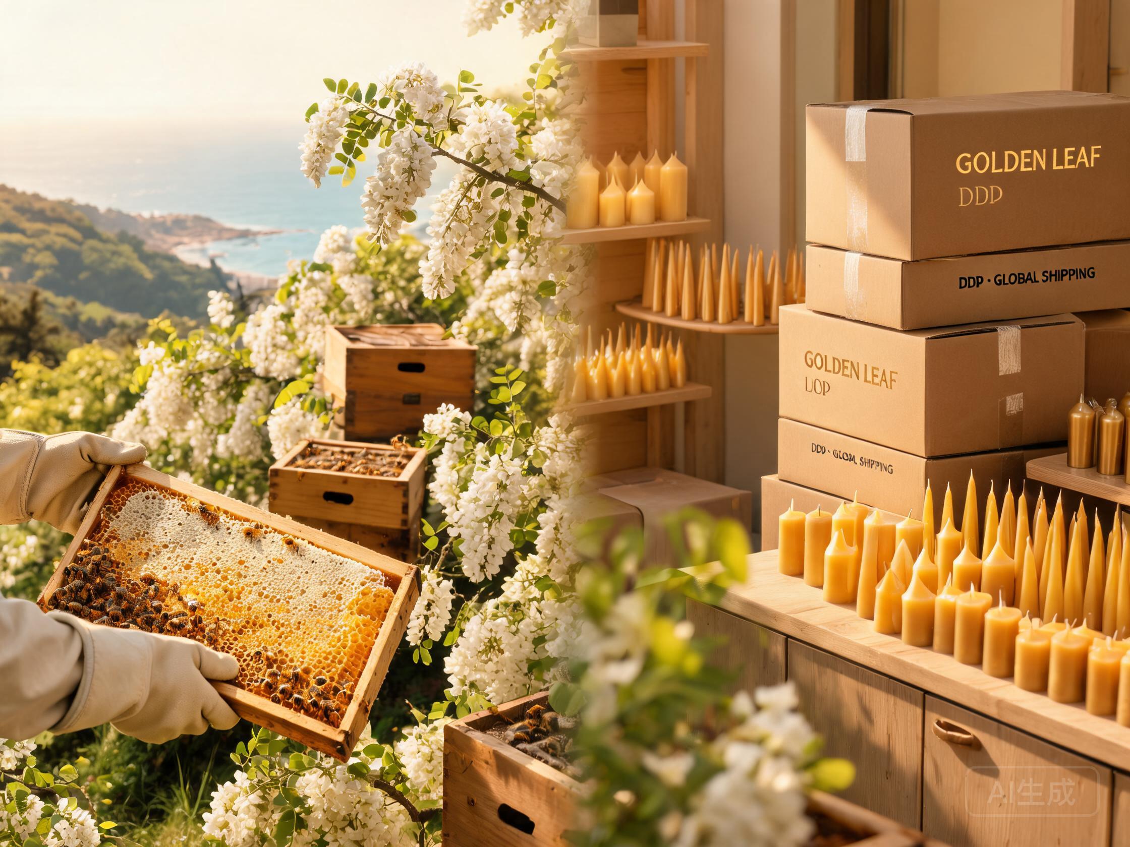 Golden Leaf beeswax candle factory heritage — raw honeycomb wax harvested from Qingdao spring pagoda tree blooms, refined into pure beeswax pillar and taper candles for global B2B wholesale and DDP OEM shipping